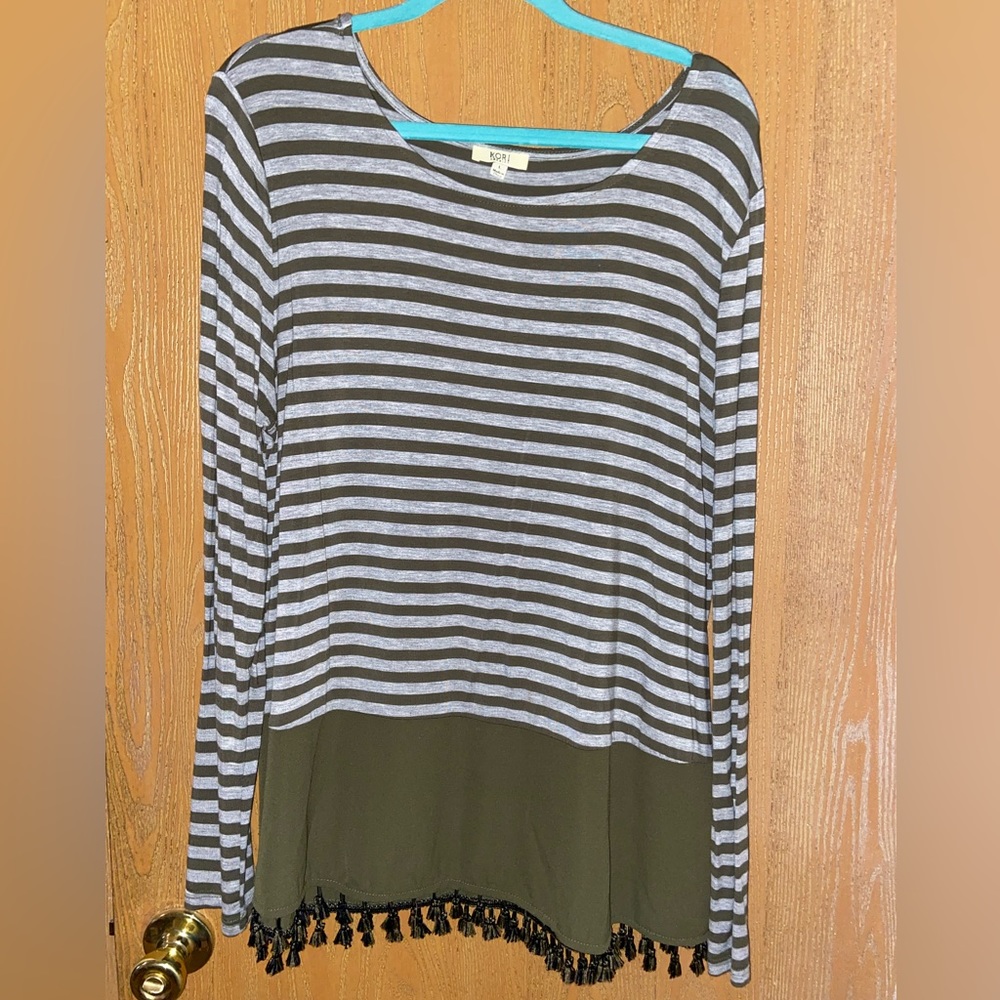 Kori Green and Grey Tunic Top with Fringe Hem